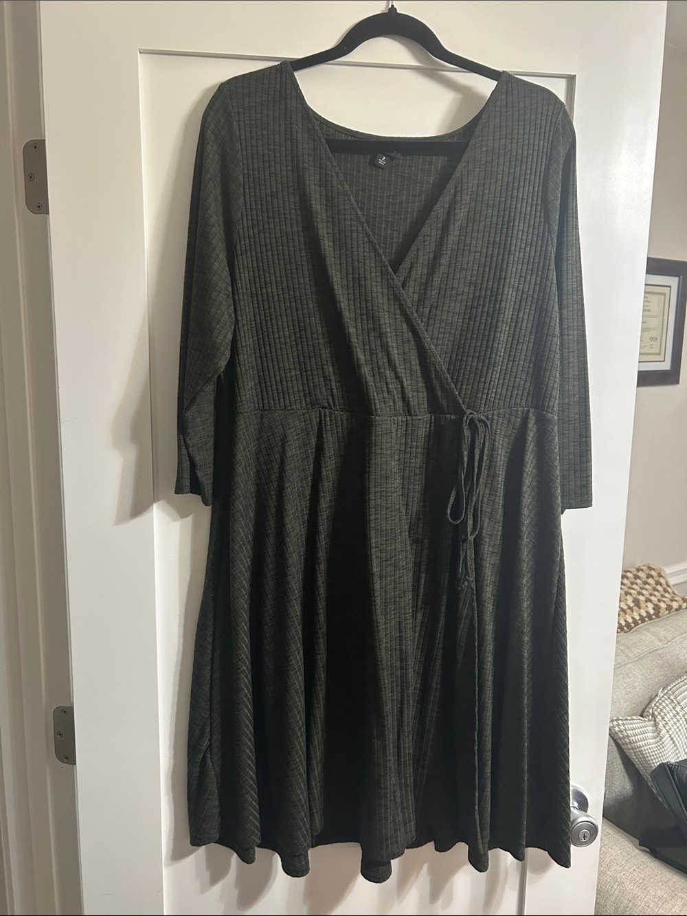 Women's Olive Ribbed Wrap Midi Dress with Tie Waist